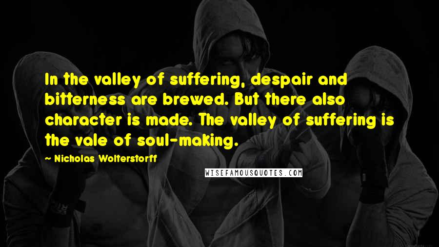 Nicholas Wolterstorff Quotes: In the valley of suffering, despair and bitterness are brewed. But there also character is made. The valley of suffering is the vale of soul-making.
