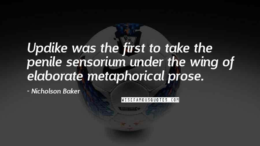 Nicholson Baker Quotes: Updike was the first to take the penile sensorium under the wing of elaborate metaphorical prose.