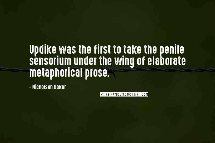 Nicholson Baker Quotes: Updike was the first to take the penile sensorium under the wing of elaborate metaphorical prose.