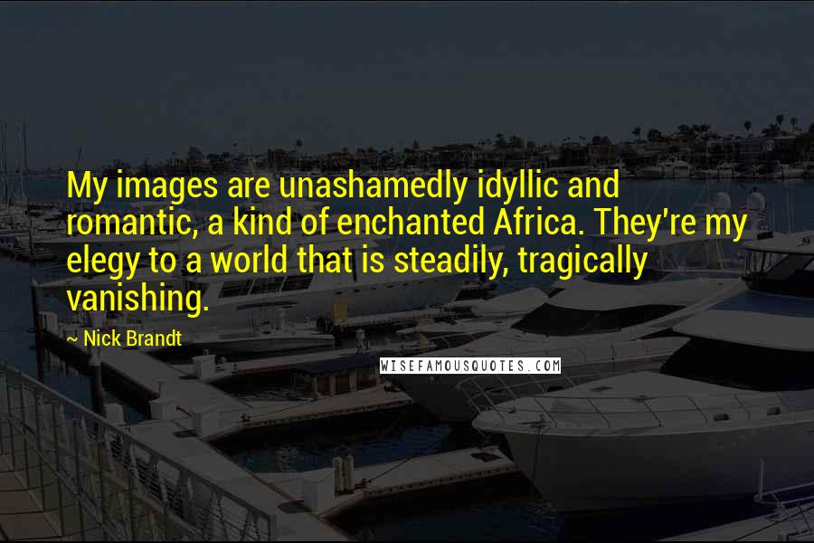 Nick Brandt Quotes: My images are unashamedly idyllic and romantic, a kind of enchanted Africa. They're my elegy to a world that is steadily, tragically vanishing.