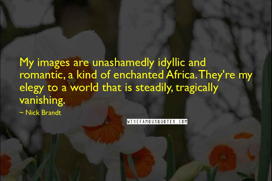 Nick Brandt Quotes: My images are unashamedly idyllic and romantic, a kind of enchanted Africa. They're my elegy to a world that is steadily, tragically vanishing.