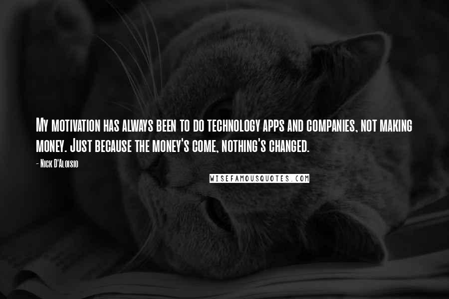 Nick D'Aloisio Quotes: My motivation has always been to do technology apps and companies, not making money. Just because the money's come, nothing's changed.