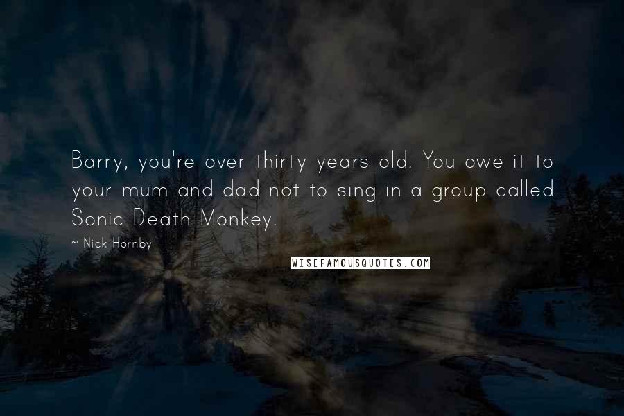 Nick Hornby Quotes: Barry, you're over thirty years old. You owe it to your mum and dad not to sing in a group called Sonic Death Monkey.