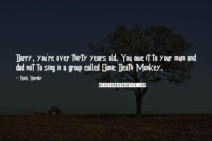 Nick Hornby Quotes: Barry, you're over thirty years old. You owe it to your mum and dad not to sing in a group called Sonic Death Monkey.