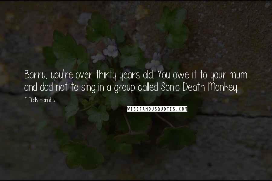 Nick Hornby Quotes: Barry, you're over thirty years old. You owe it to your mum and dad not to sing in a group called Sonic Death Monkey.