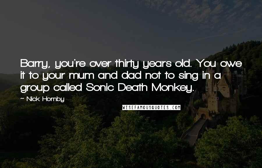 Nick Hornby Quotes: Barry, you're over thirty years old. You owe it to your mum and dad not to sing in a group called Sonic Death Monkey.