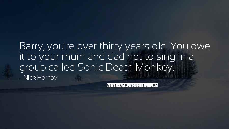 Nick Hornby Quotes: Barry, you're over thirty years old. You owe it to your mum and dad not to sing in a group called Sonic Death Monkey.