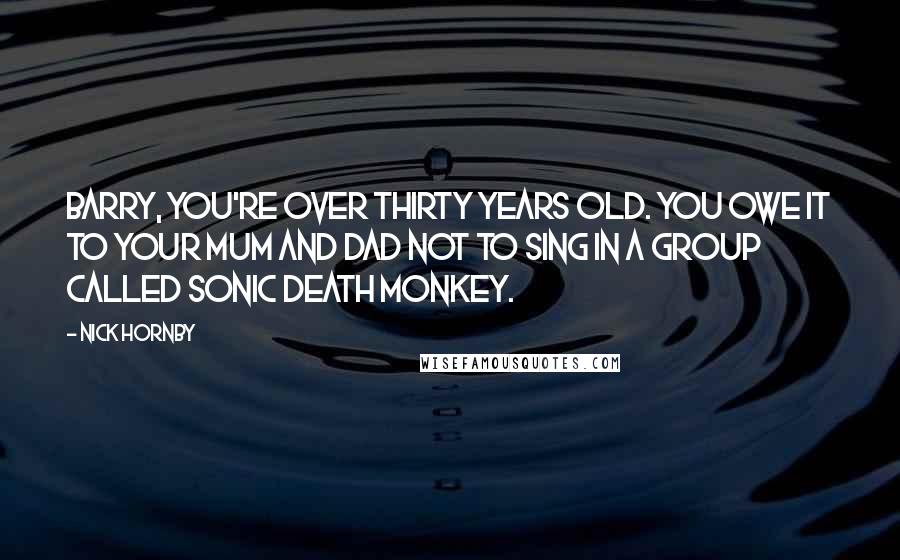 Nick Hornby Quotes: Barry, you're over thirty years old. You owe it to your mum and dad not to sing in a group called Sonic Death Monkey.