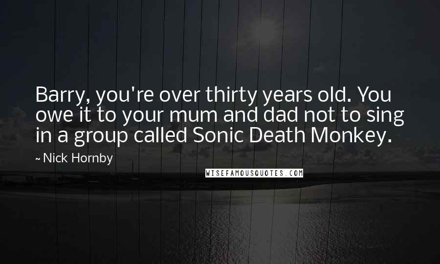 Nick Hornby Quotes: Barry, you're over thirty years old. You owe it to your mum and dad not to sing in a group called Sonic Death Monkey.