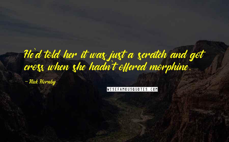 Nick Hornby Quotes: He'd told her it was just a scratch and got cross when she hadn't offered morphine.