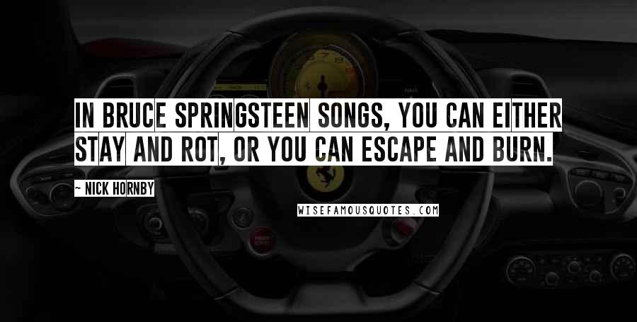 Nick Hornby Quotes: In Bruce Springsteen songs, you can either stay and rot, or you can escape and burn.