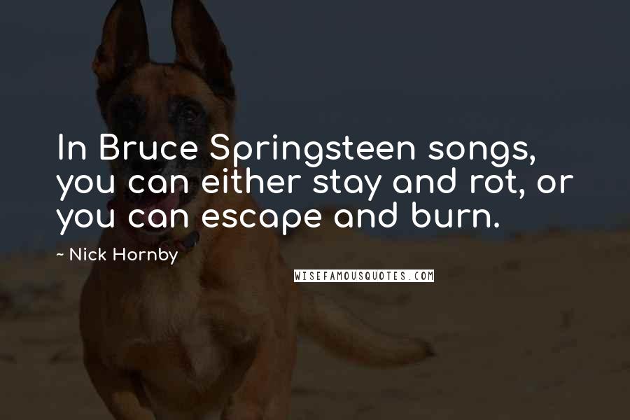 Nick Hornby Quotes: In Bruce Springsteen songs, you can either stay and rot, or you can escape and burn.