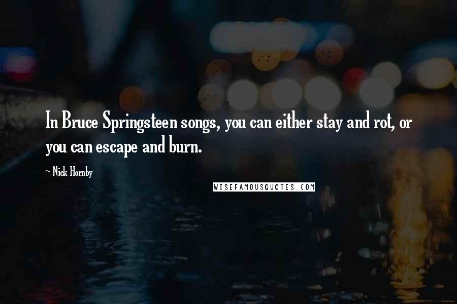 Nick Hornby Quotes: In Bruce Springsteen songs, you can either stay and rot, or you can escape and burn.