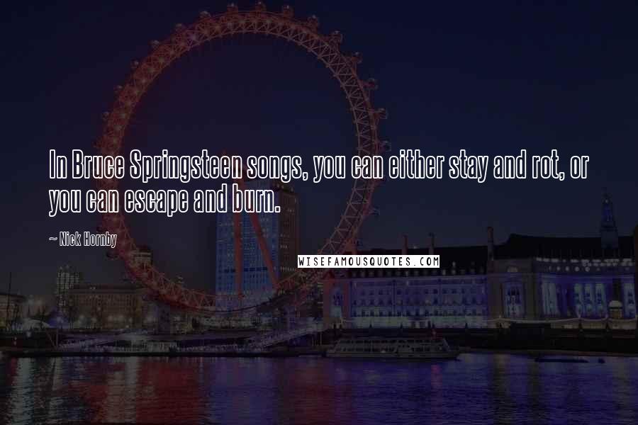 Nick Hornby Quotes: In Bruce Springsteen songs, you can either stay and rot, or you can escape and burn.