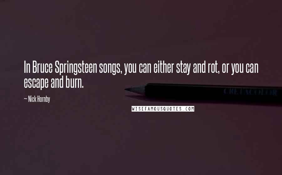 Nick Hornby Quotes: In Bruce Springsteen songs, you can either stay and rot, or you can escape and burn.