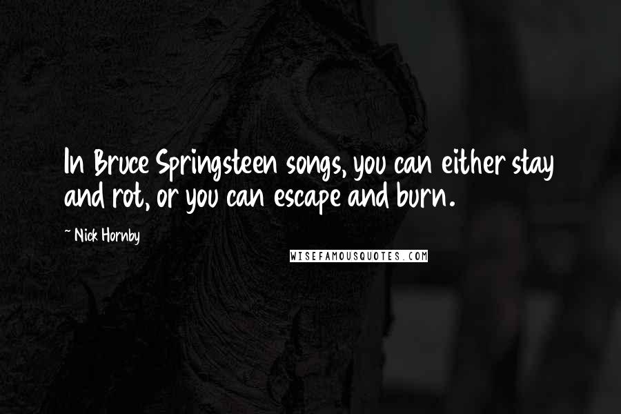 Nick Hornby Quotes: In Bruce Springsteen songs, you can either stay and rot, or you can escape and burn.