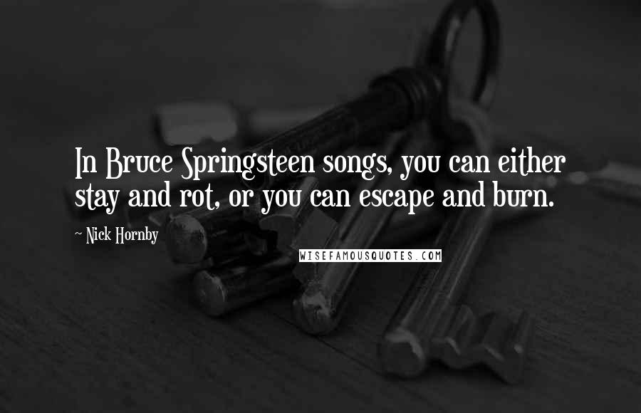 Nick Hornby Quotes: In Bruce Springsteen songs, you can either stay and rot, or you can escape and burn.