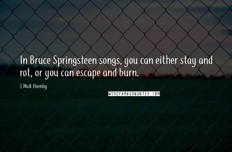 Nick Hornby Quotes: In Bruce Springsteen songs, you can either stay and rot, or you can escape and burn.