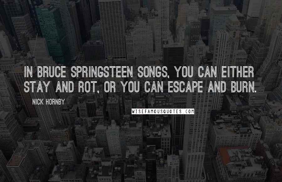 Nick Hornby Quotes: In Bruce Springsteen songs, you can either stay and rot, or you can escape and burn.