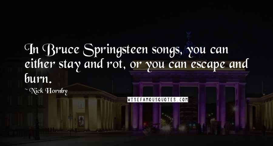 Nick Hornby Quotes: In Bruce Springsteen songs, you can either stay and rot, or you can escape and burn.