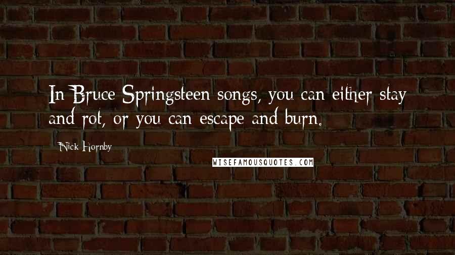 Nick Hornby Quotes: In Bruce Springsteen songs, you can either stay and rot, or you can escape and burn.