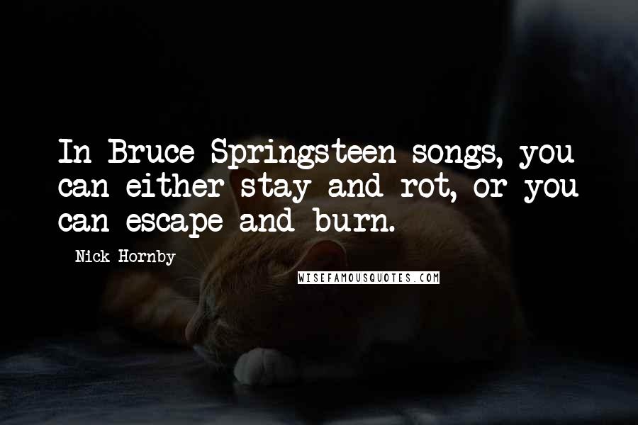 Nick Hornby Quotes: In Bruce Springsteen songs, you can either stay and rot, or you can escape and burn.