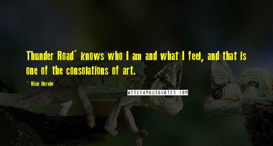 Nick Hornby Quotes: Thunder Road' knows who I am and what I feel, and that is one of the consolations of art.