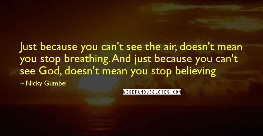 Nicky Gumbel Quotes: Just because you can't see the air, doesn't mean you stop breathing. And just because you can't see God, doesn't mean you stop believing