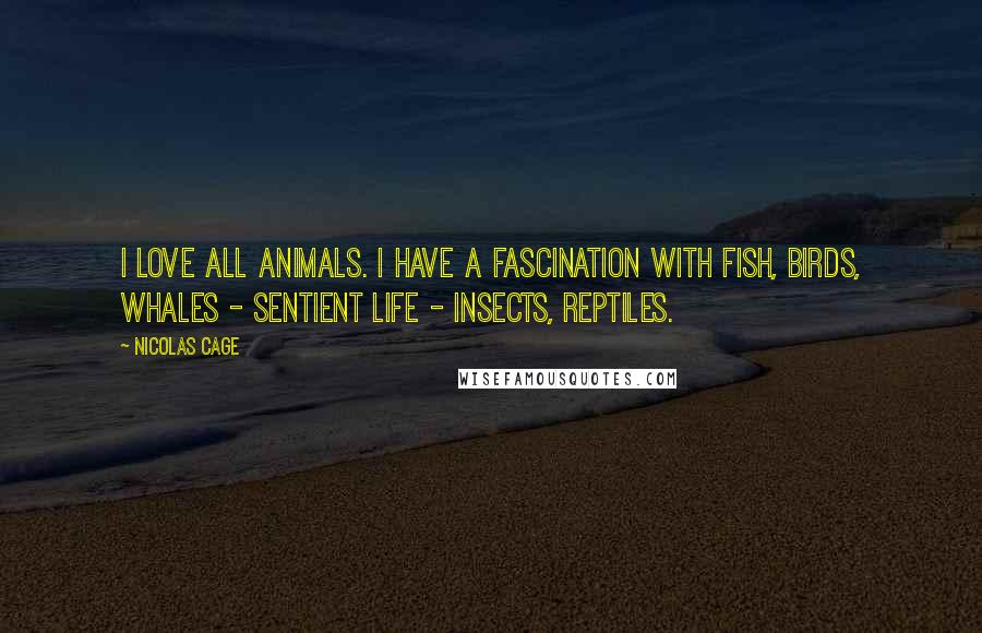 Nicolas Cage Quotes: I love all animals. I have a fascination with fish, birds, whales - sentient life - insects, reptiles.