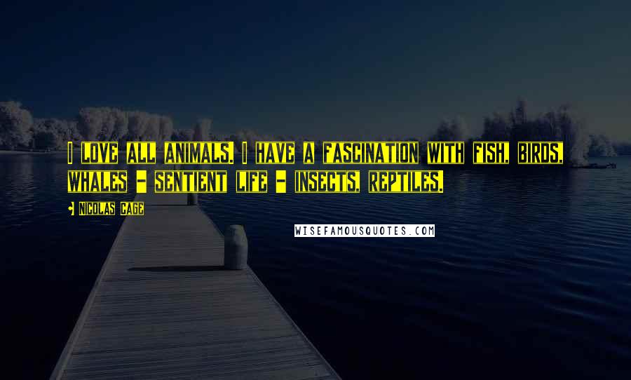 Nicolas Cage Quotes: I love all animals. I have a fascination with fish, birds, whales - sentient life - insects, reptiles.