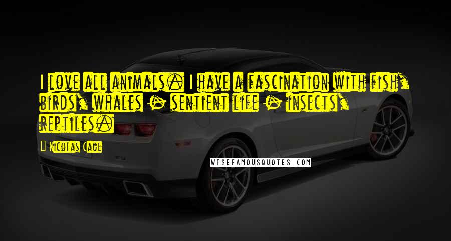Nicolas Cage Quotes: I love all animals. I have a fascination with fish, birds, whales - sentient life - insects, reptiles.