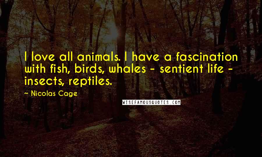 Nicolas Cage Quotes: I love all animals. I have a fascination with fish, birds, whales - sentient life - insects, reptiles.