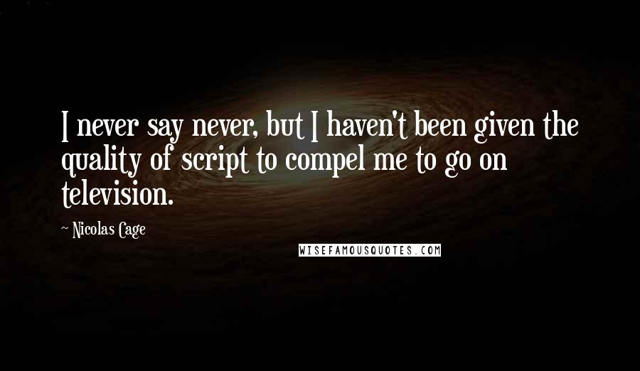 Nicolas Cage Quotes: I never say never, but I haven't been given the quality of script to compel me to go on television.