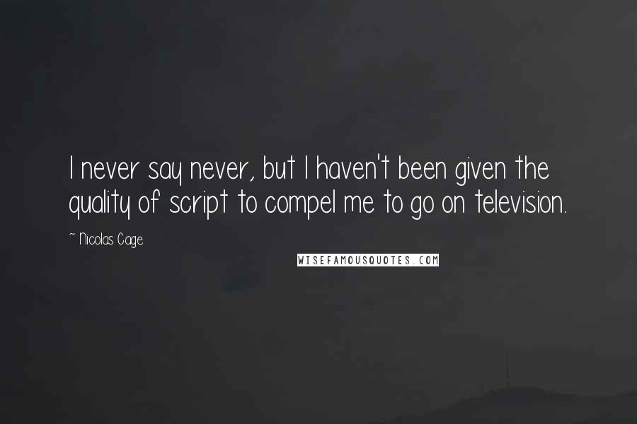 Nicolas Cage Quotes: I never say never, but I haven't been given the quality of script to compel me to go on television.