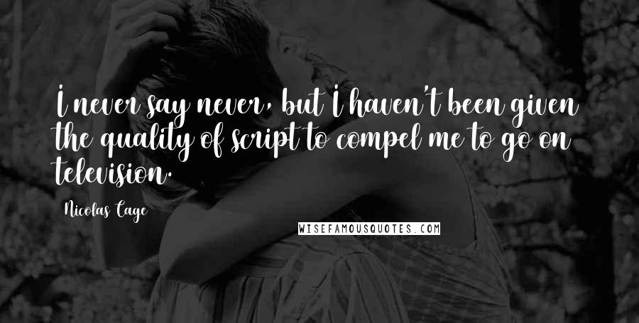 Nicolas Cage Quotes: I never say never, but I haven't been given the quality of script to compel me to go on television.