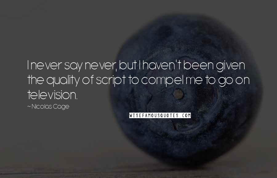 Nicolas Cage Quotes: I never say never, but I haven't been given the quality of script to compel me to go on television.