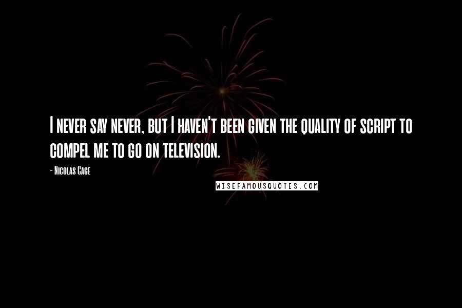 Nicolas Cage Quotes: I never say never, but I haven't been given the quality of script to compel me to go on television.