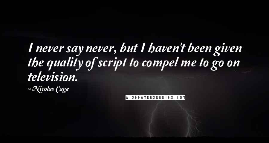 Nicolas Cage Quotes: I never say never, but I haven't been given the quality of script to compel me to go on television.