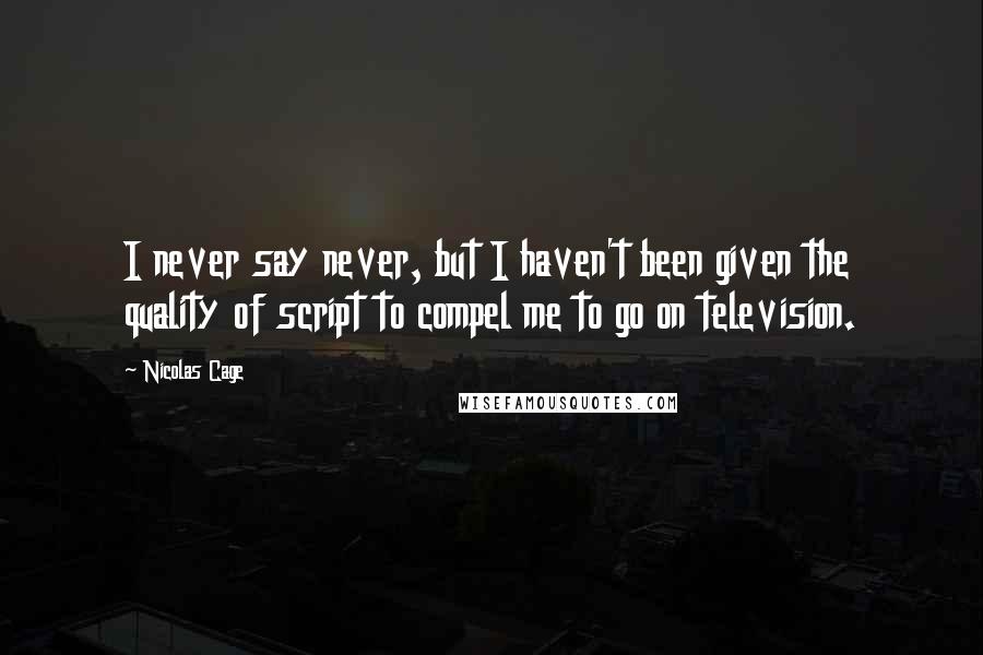 Nicolas Cage Quotes: I never say never, but I haven't been given the quality of script to compel me to go on television.