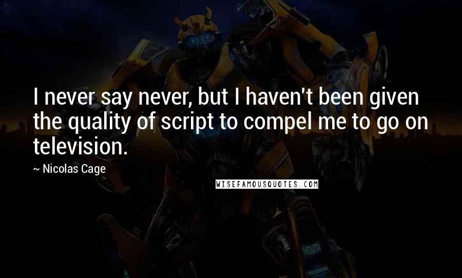 Nicolas Cage Quotes: I never say never, but I haven't been given the quality of script to compel me to go on television.