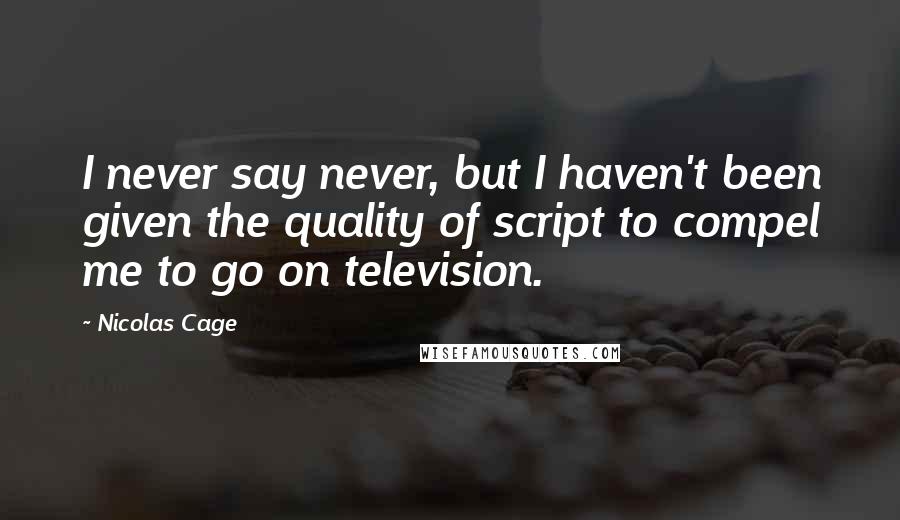 Nicolas Cage Quotes: I never say never, but I haven't been given the quality of script to compel me to go on television.