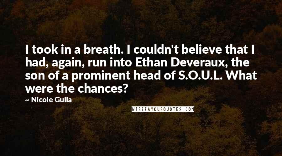 Nicole Gulla Quotes: I took in a breath. I couldn't believe that I had, again, run into Ethan Deveraux, the son of a prominent head of S.O.U.L. What were the chances?