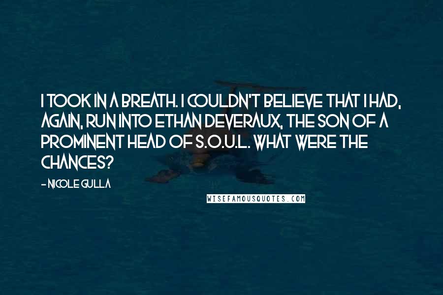 Nicole Gulla Quotes: I took in a breath. I couldn't believe that I had, again, run into Ethan Deveraux, the son of a prominent head of S.O.U.L. What were the chances?