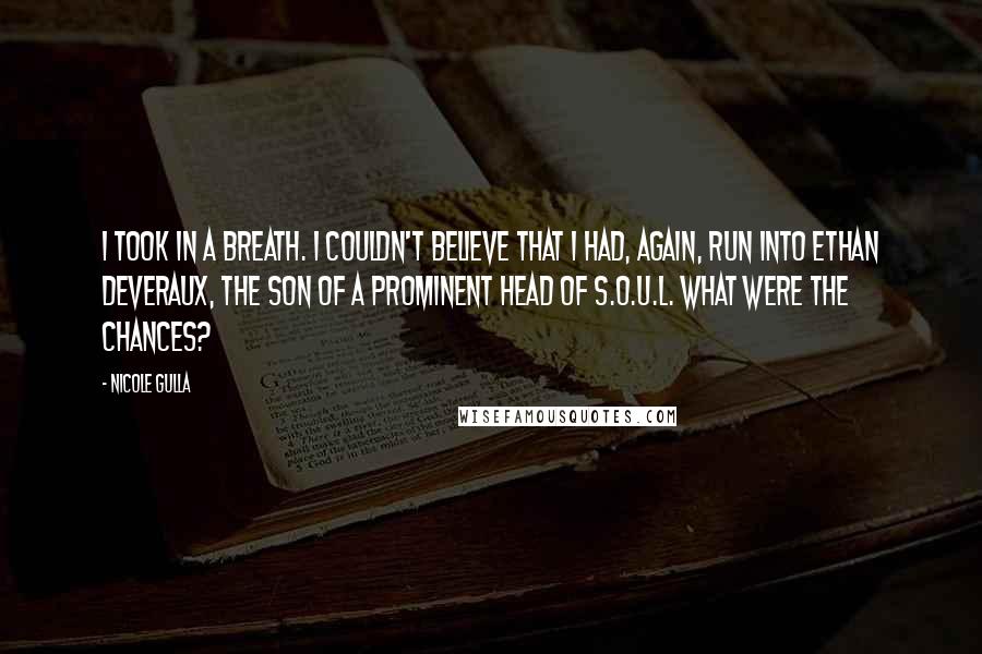 Nicole Gulla Quotes: I took in a breath. I couldn't believe that I had, again, run into Ethan Deveraux, the son of a prominent head of S.O.U.L. What were the chances?