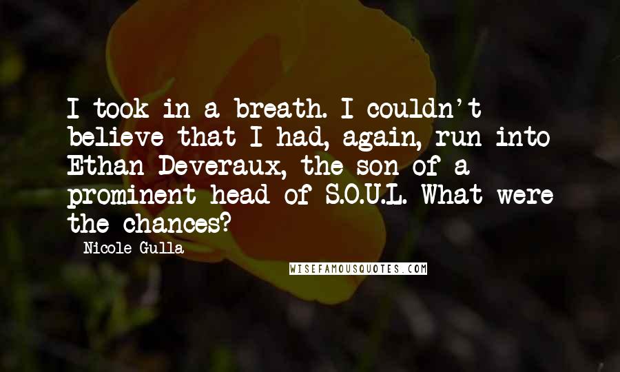 Nicole Gulla Quotes: I took in a breath. I couldn't believe that I had, again, run into Ethan Deveraux, the son of a prominent head of S.O.U.L. What were the chances?