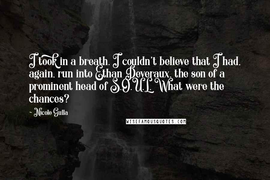 Nicole Gulla Quotes: I took in a breath. I couldn't believe that I had, again, run into Ethan Deveraux, the son of a prominent head of S.O.U.L. What were the chances?