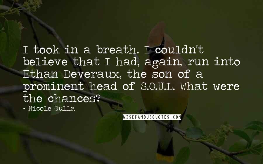 Nicole Gulla Quotes: I took in a breath. I couldn't believe that I had, again, run into Ethan Deveraux, the son of a prominent head of S.O.U.L. What were the chances?