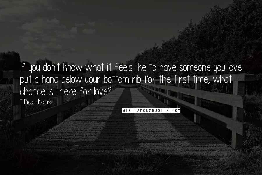 Nicole Krauss Quotes: If you don't know what it feels like to have someone you love put a hand below your bottom rib for the first time, what chance is there for love?