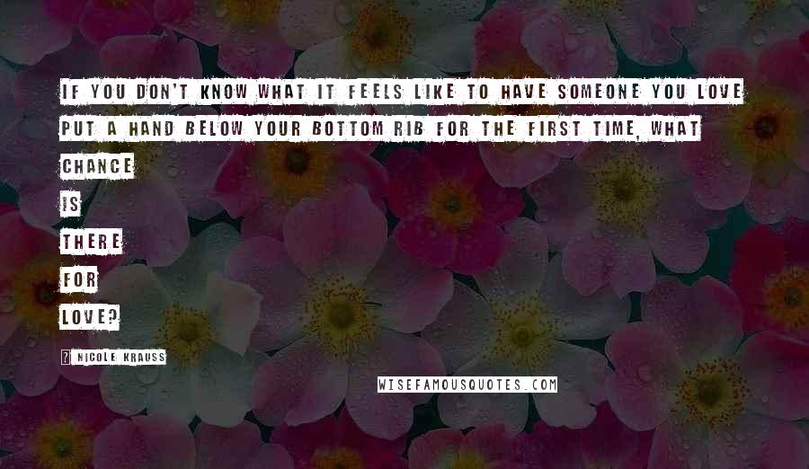 Nicole Krauss Quotes: If you don't know what it feels like to have someone you love put a hand below your bottom rib for the first time, what chance is there for love?