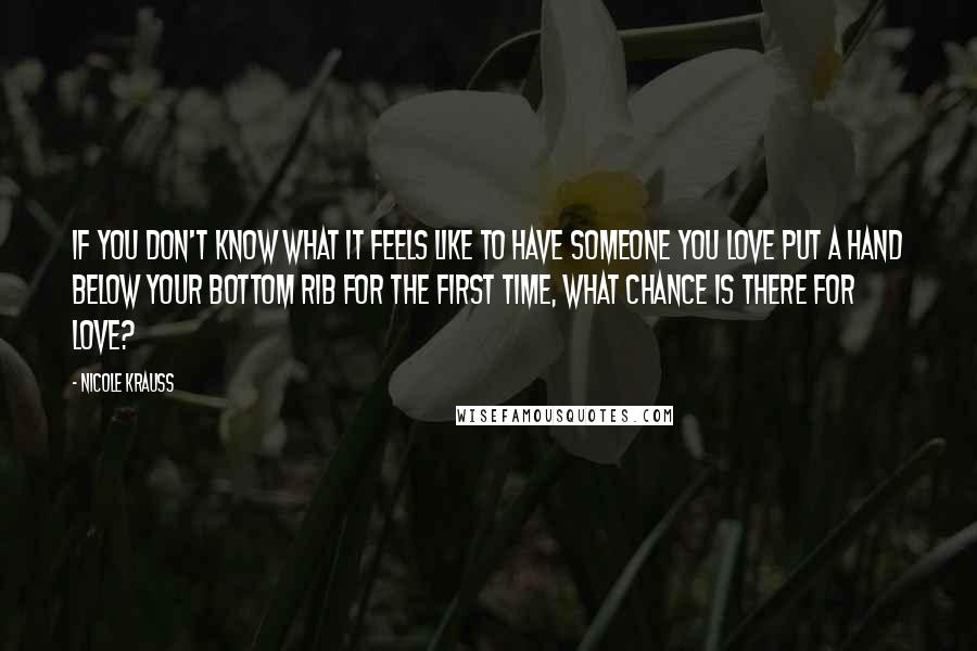 Nicole Krauss Quotes: If you don't know what it feels like to have someone you love put a hand below your bottom rib for the first time, what chance is there for love?